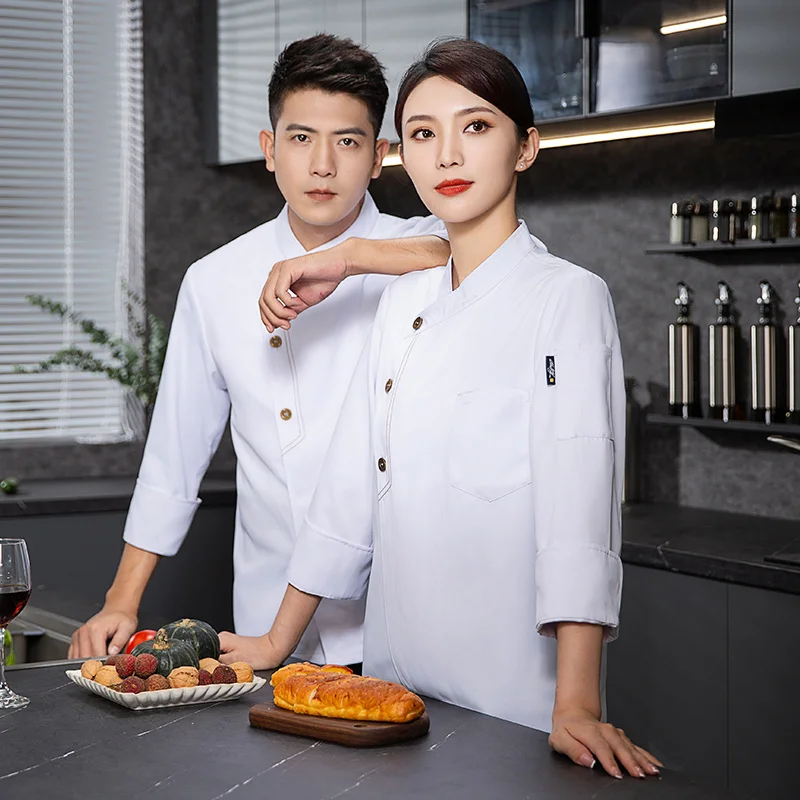 เสื้อเชฟฤดูหนาว เสื้อยืดเชฟแขนยาว ชุดยูนิฟอร์มเชฟ เสื้อโค้ทเชฟชาย ชุดยูนิฟอร์มร้านอาหาร เสื้อพนักงานเสิร์ฟโรงแรม รับสกรีนโลโก้
