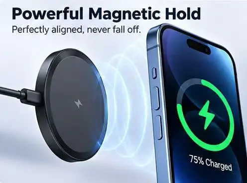 Portable Magnetic Wireless Charger, Slim Compact Magnetic Charging Pad, Snap‑On Fast Wireless Charger, Wide Compatibility for Ma