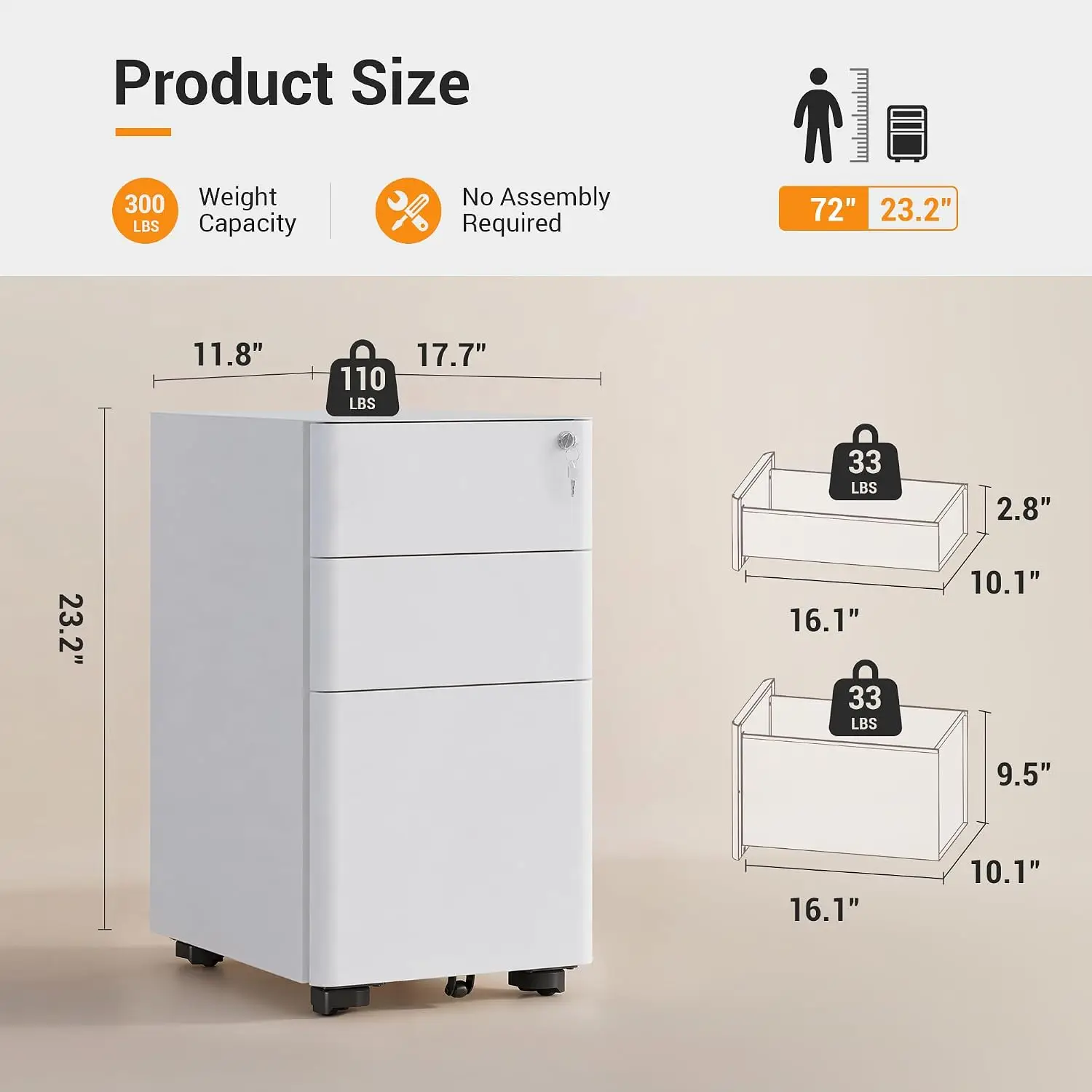 3 Drawer File Cabinet on Wheels, Fully Assembled Except Casters