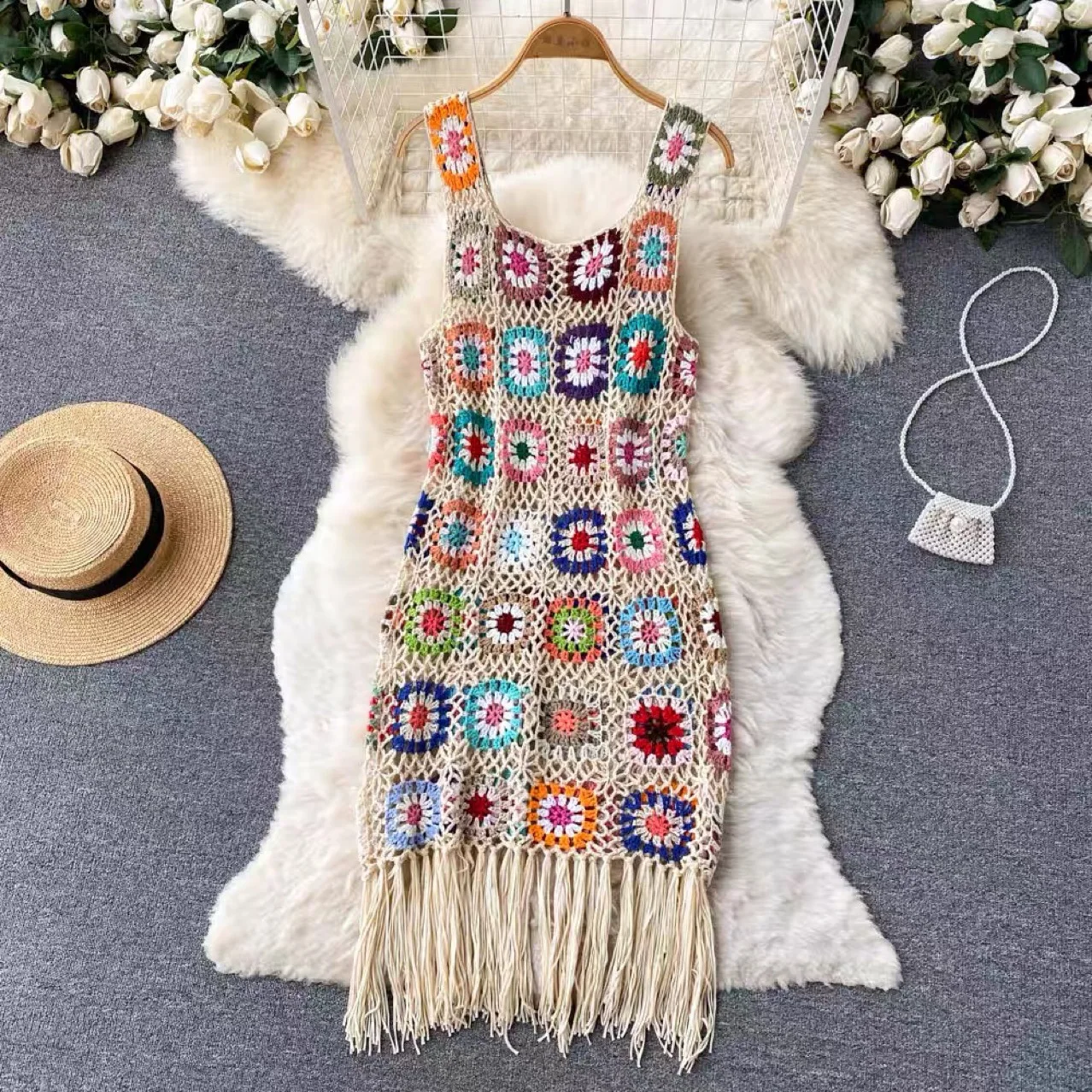 New Bohemian Hollowed-Out Fringe Vest Boho Dress Summer Women\'s Small Loose Knit Skirt