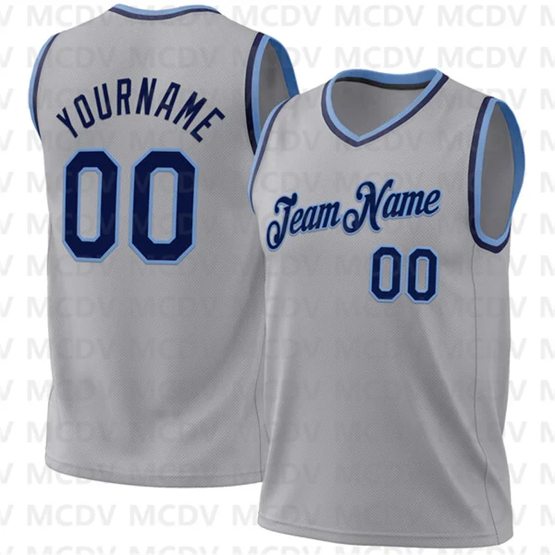 Custom Gray Navy-Light Blue Authentic Throwback Basketball Jersey 3D Print Team Name Number Sport Clothes Adult Youth