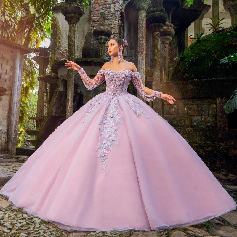 

2024 Pink Quinceanera Dress Ball Gown Off The Shoulder Applique Lace Beads Crystal Tull Corset Sweet 16 Dress Vestidos De XV 15