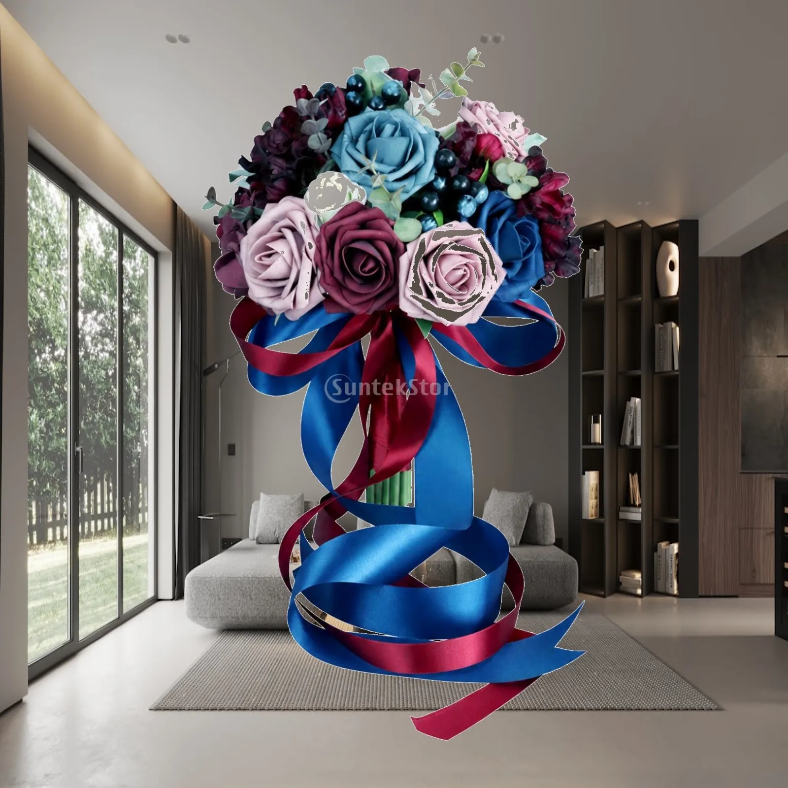 Faux Silk Flower Wedding Bouquet Layered Rose Design with Beads and Foliage for Bridal Accessory and Event Centerpiece