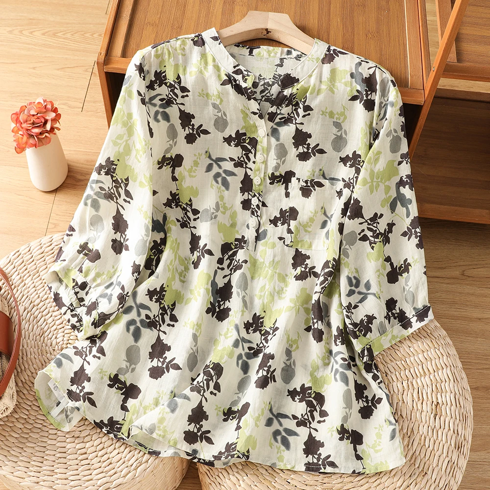 

Short Sleeve Women's T-Shirt plus Size Cotton Linen Print Top Summer New Style Comfortable Breathable Loose Fit Shirt