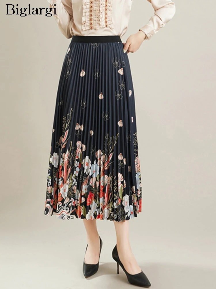 

Elastic High Waist Summer Flower Floral Print Skirt Women Fashion Ruffle Pleated Ladies Skirts Oversized Loose Woman Midi Skirts