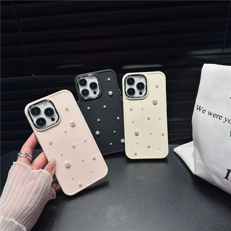 Korean style Cute Pearls Metal Camera Case For iPhone 14 15 13ProMax 13 12 mini 11 ProMax XSMAX Pure Color Slicone Back Cover