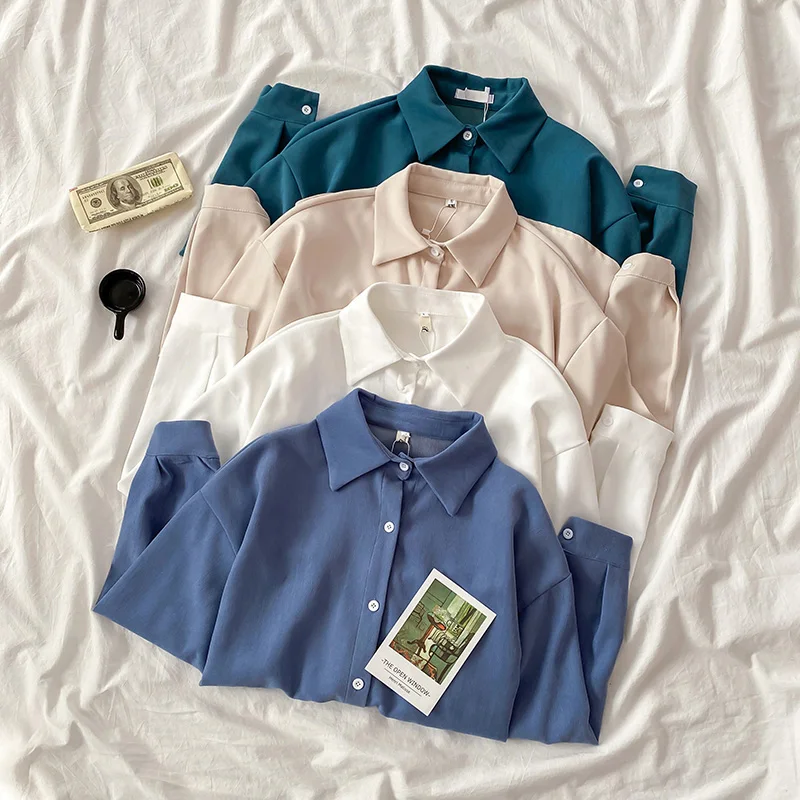 

Рубашка женская однотонная с длинным рукавом, свободная однобортная блузка карамельных цветов с отложным воротником, Повседневная Дамская одежда в Корейском стиле