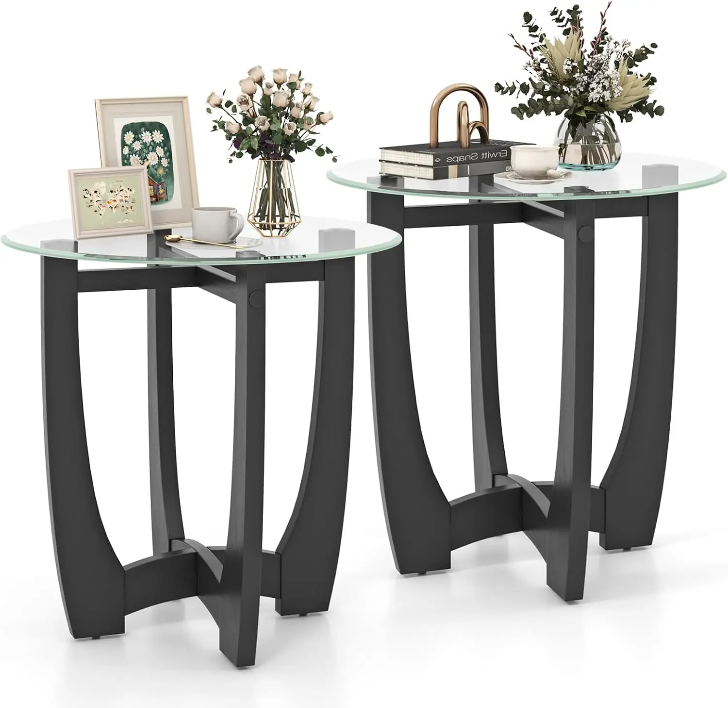 2 Glass End Tables 23.5 Inch Round Side Tables Small Coffee Tables Tempered Glass Top Modern Nightstands For Living Room Balcony