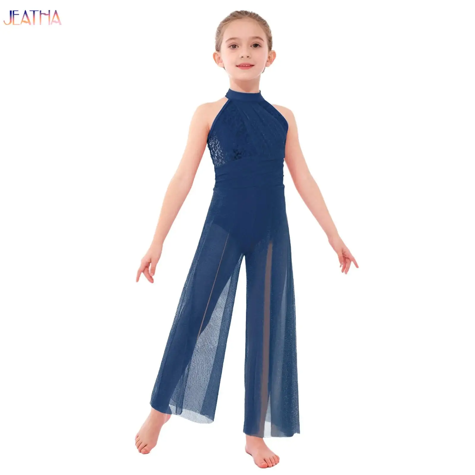 

Kids Girls Ballet Lyrical Dance Performance Jumpsuit Unitards Costume Shiny Sequins Bodice Shimmery Mesh Split Wide-Leg Bodysuit