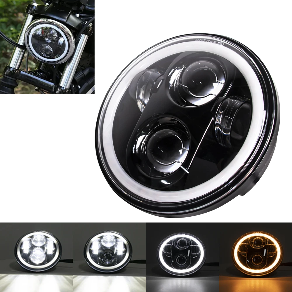 Headlight 5.75 Inch Black Halo Angel Eyes LED For Harley Sportster 1200 883 Street Softail Dyna 5-3/4\