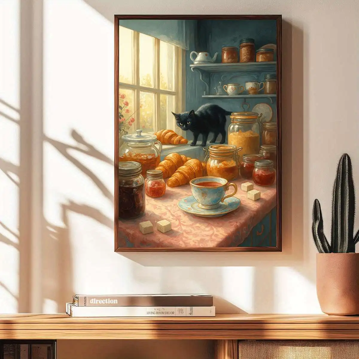 Simple black cat and croissant retro canvas decorative painting, 2D printed poster