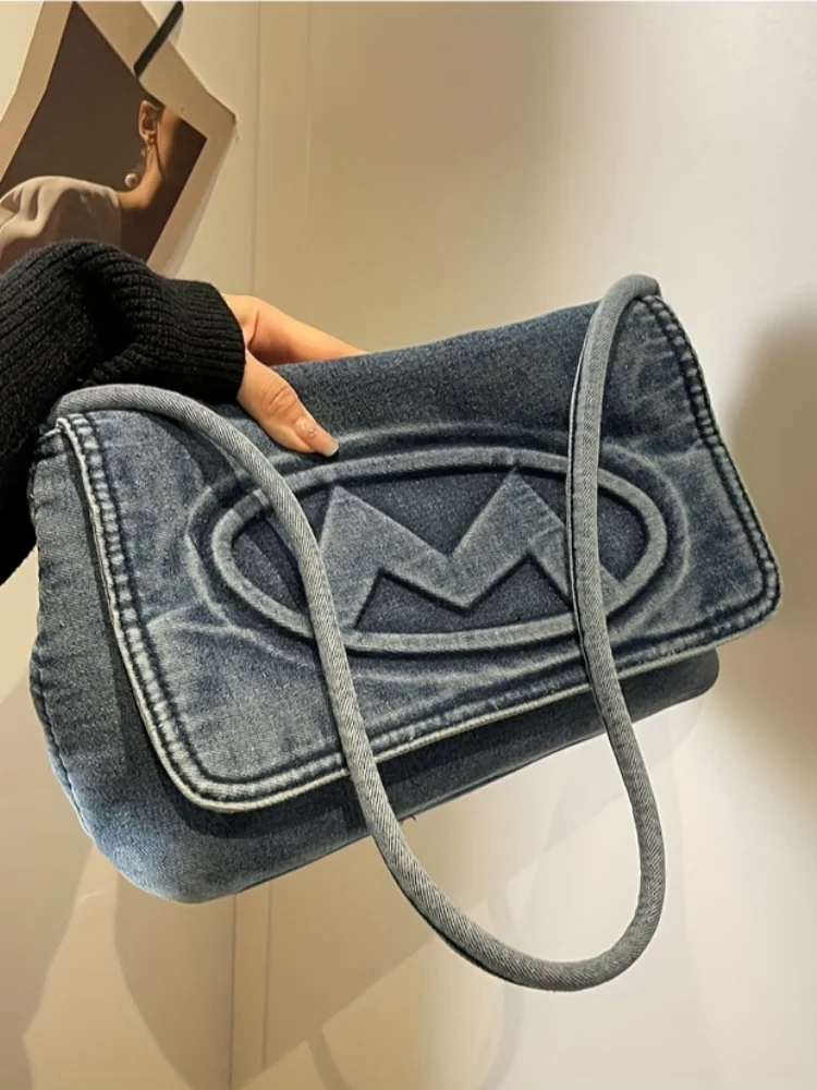 Vintage Letter Pattern Flap Shoulder Bag, Solid Color Underarm Bag For Women, Classic Denim Bag