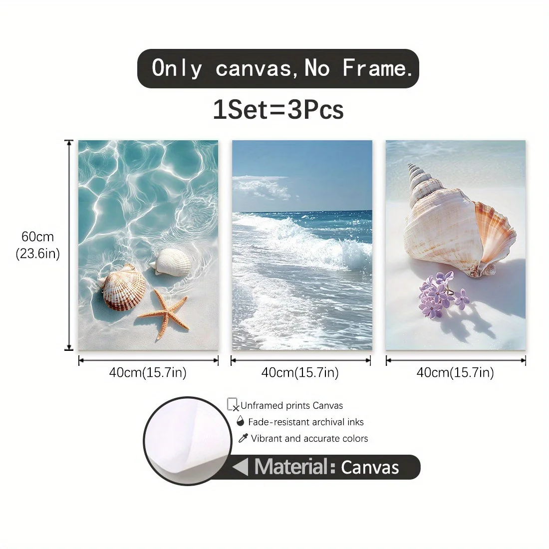 3 قطع من المطبوعات القماشية على الشاطئ، ديكور فني جداري بدون إطار، ملصقات صدف ساحلي ونجم البحر، مثالية لغرفة المعيشة، غرفة النوم #4
