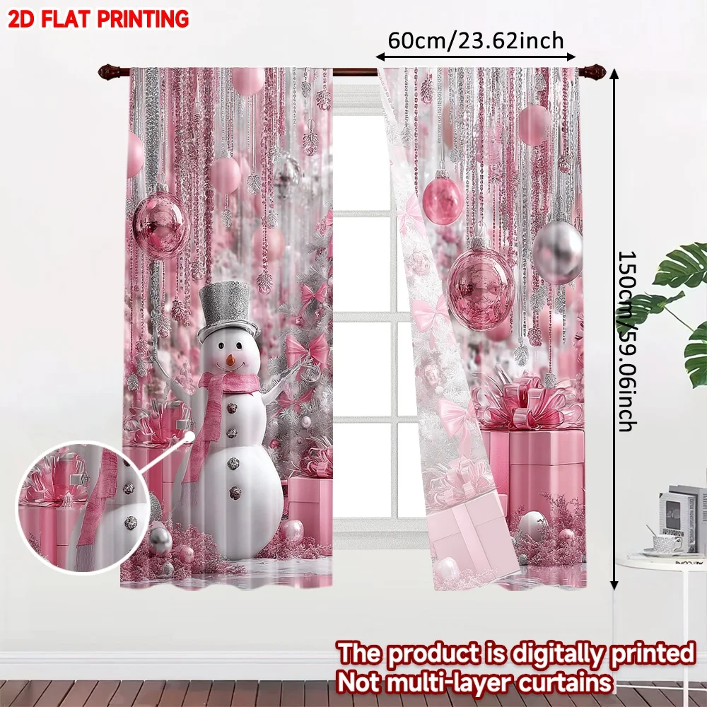 2D flat printing 2pcs Christmas curtains Snowman tree ball pink silver Digital Printed Polyester Drapes Durable Party & Holiday