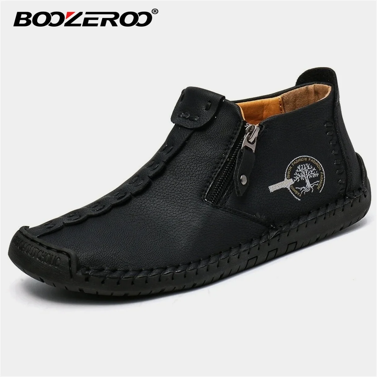 BOOZEROO Fashion Men's Leather Shoes Handmade Soft Breathable Driving Flats Casual Zipper Boots