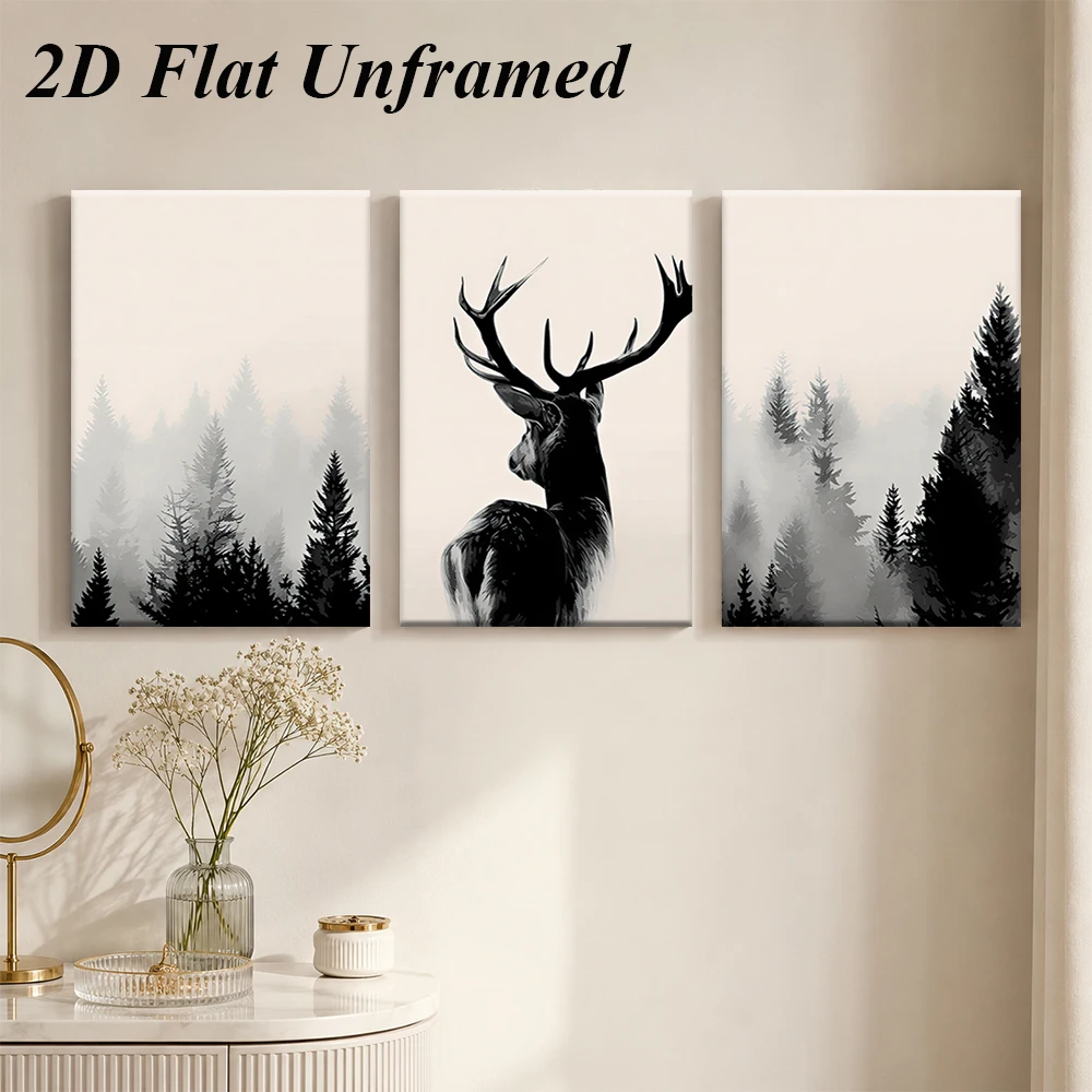 1 set of triptych frameless decorative paintings, modern minimalist elk forest decorative paintings, living room sofa background