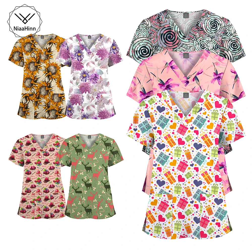 Niaahinn-Camiseta de trabajo para mujer, uniforme elástico para enfermería, blusa con cuello en V, Tops médicos de manga corta con bolsillos, venta al por mayor