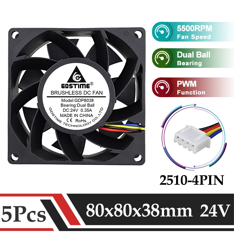 

5Pcs Gdstime DC 24V Axial Fan 80MM 80x80x38MM PC Computer Case Cooler Fan 8CM 8038 Ball Bearing 4PIN PWM Speed Regulation Fan