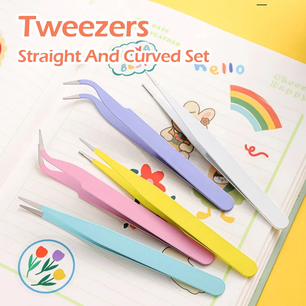 Macaron Color Tweezers Set 2pc, Straight/Curved DIY Sticker Tool for Journal/Scrapbook - Back to School Stationery Gift (Pink/Bl