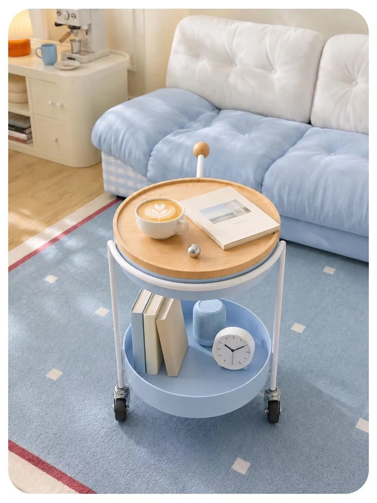 Home Furniture Round 2 Tier Rolling Side Table Storage Cart Small Coffee End Table Lockable Wheel Sofa Bedside Organizer Trolley