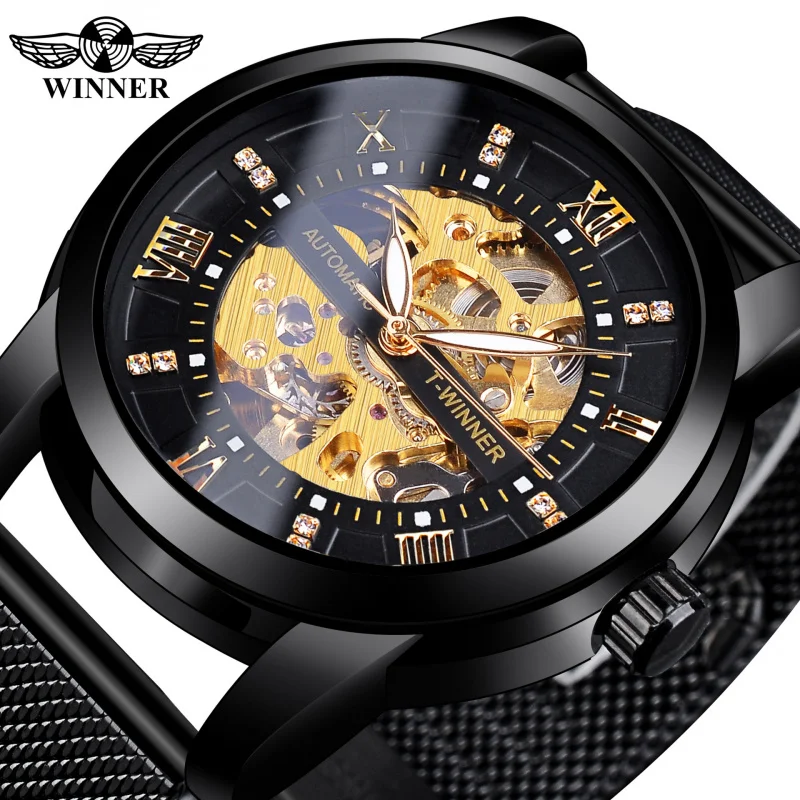 

Official brand of free shippingHollow Mechanical Watch Luminous Waterproof Men's Watch Business Style Diamond Mesh Strap Wrist W