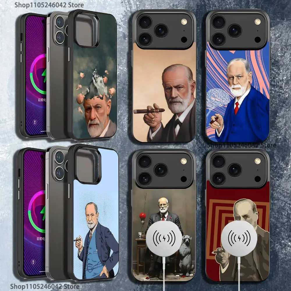 

Чехол для iPhone 17, 16, 15, 14, 13, 12, 11, Pro, Max, Plus, Mini, SE с магнитной беспроводной зарядкой, черный, с изображением Сигмунда Фрейда (психоанализ)