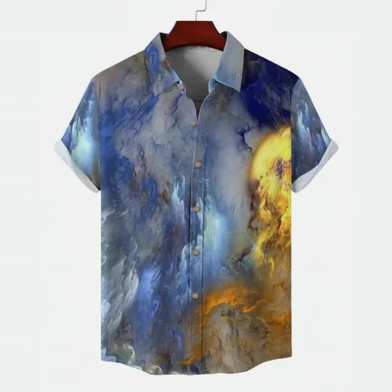 Hawaiian Men's Shirt Sky Graphic Short Sleeve Printed T-Shirt Loose Button Lapel Shirt Seaside Party Clothing Oversized Men Tops