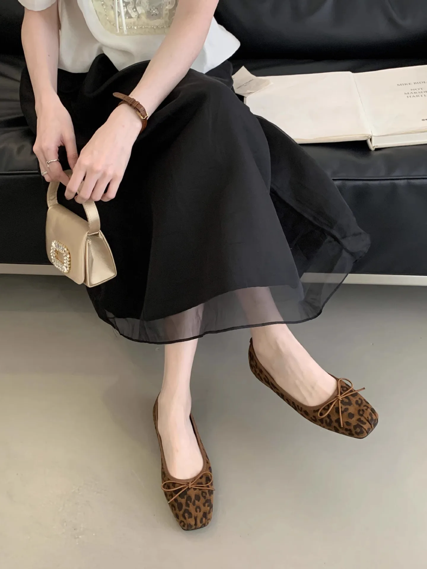 Damen-Ballerinas mit Leopardenmuster, eckiger Zehenpartie und Schleifendekoration, lässige Alltagsschuhe für Damen – Detail 10