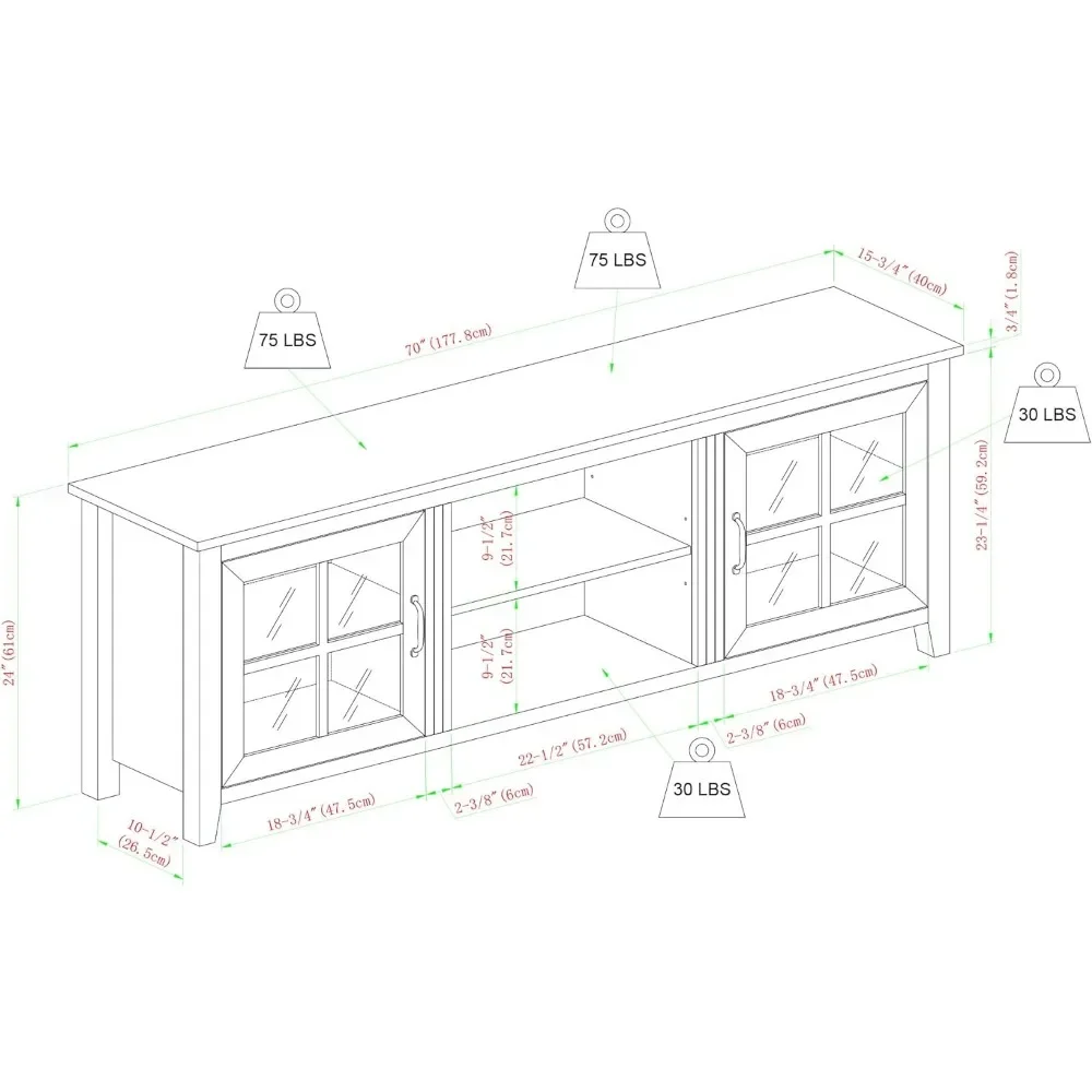 Clássico 2 porta de vidro TV Stand, carvalho rústico Stands, até 80 polegadas, 70 polegadas