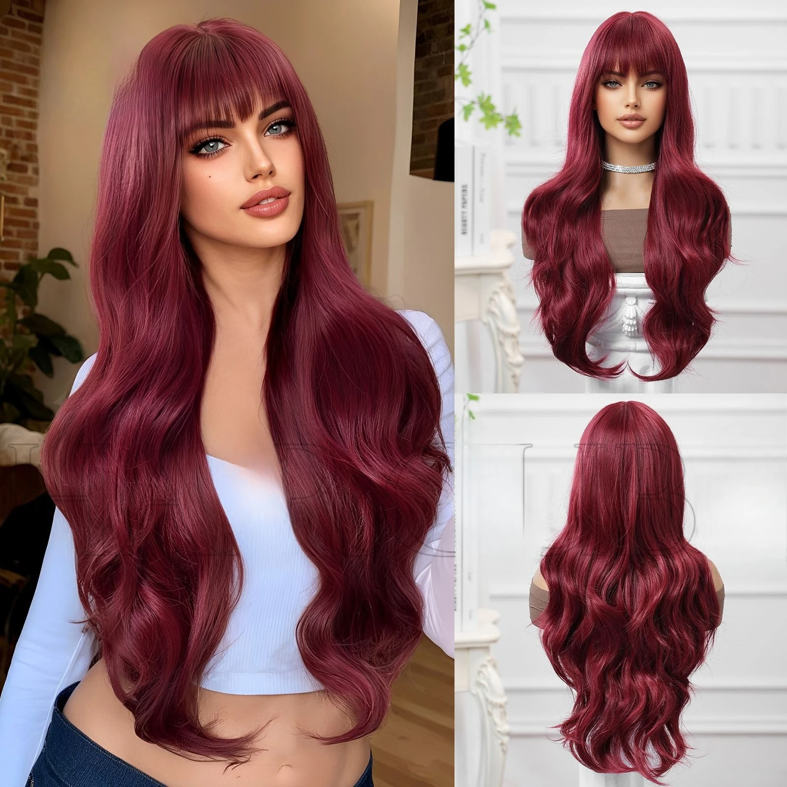

European and American wig 30inch Sea King red Qi bangs long curly hair rose mesh high temperature silk wig full head cover