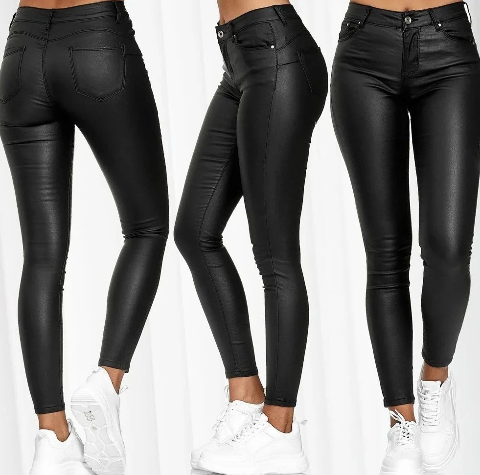 

Женские осенние облегающие брюки с высокой талией и пуговицами, однотонные уличные длинные брюки, элегантные кожаные брюки-карандаш с карманами