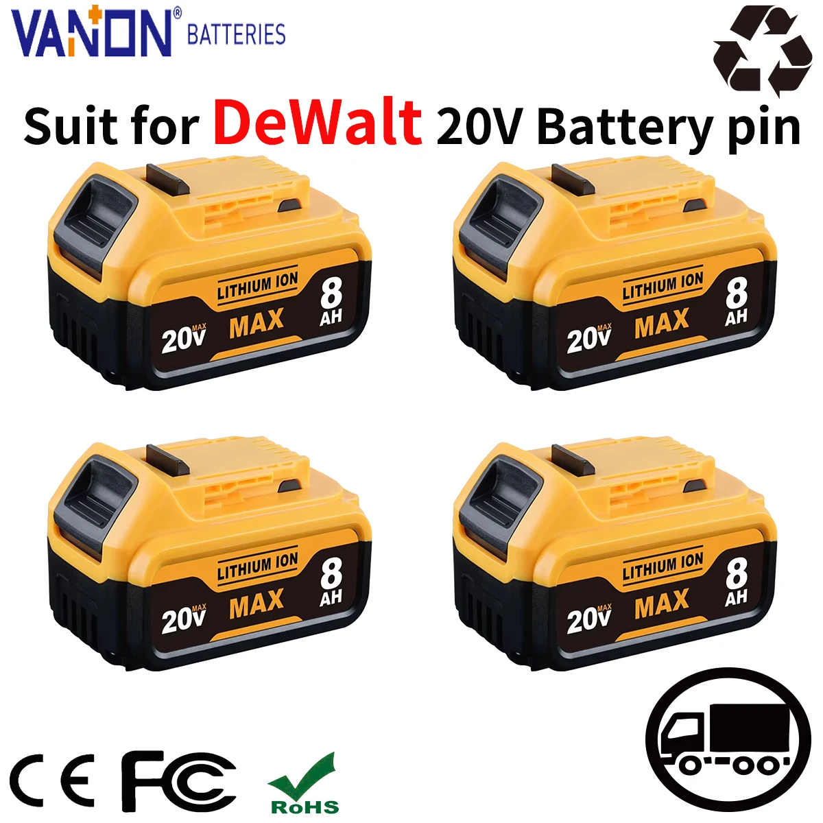 

1/2/4 упаковки DCB205 VANON 20 В 8,0 Ач литиевая батарея Замена для DeWalt DCB200 DCB180 DCB183 DCB184 DCB202 аккумуляторный инструмент