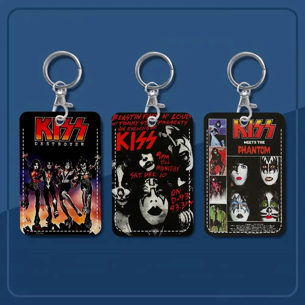 Hard Rock Band K-Kiss Rectangle ID Card Case Keychain Access Card Bag Key Tag Ring Leather Card Holder Key Ring Access