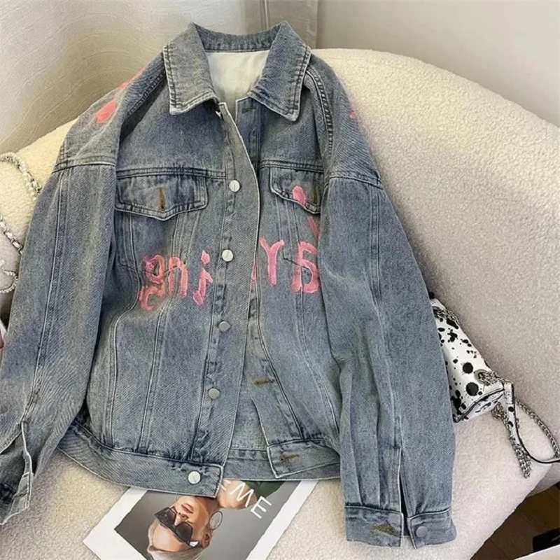 2023 Spring Autumn Season Letter Printing Graffiti Denim Coat Women Fashion Loose Sleeve Denim Jacket Womens Top Outerwear