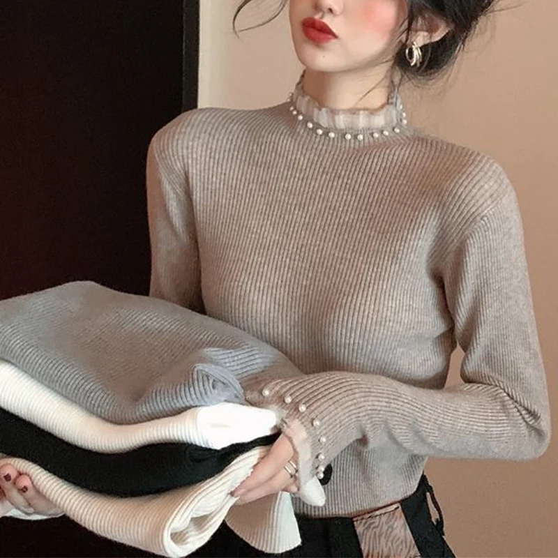 

Autumn Winter Ruffles Lace Patchwork Half High Collar Bottoming Sweater Ladies Solid Color Slim Knitted Pullovers Women Jumpers