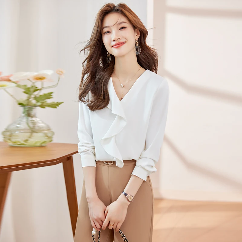 NAVIU Khaki Ruffle Shirt Women New 2023 Autumn Temperament V Neck Casual Formal Chiffon Blouses Office Lady Work Tops White