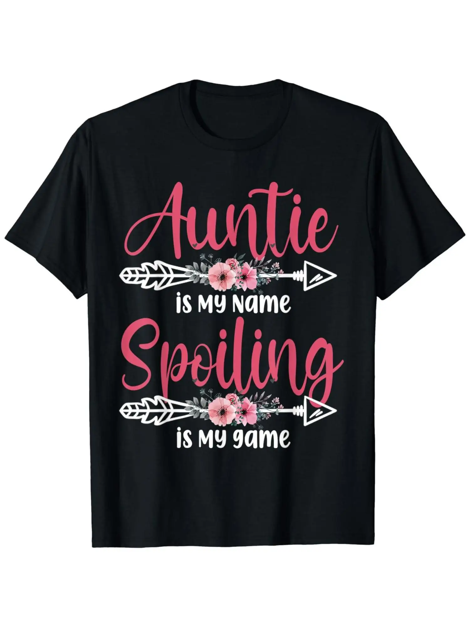 

Auntie Is My Name Spoiling Is My Game Women's Cotton Graphic T-Shirt Casual Crew Neck with Fun Pink Floral Design