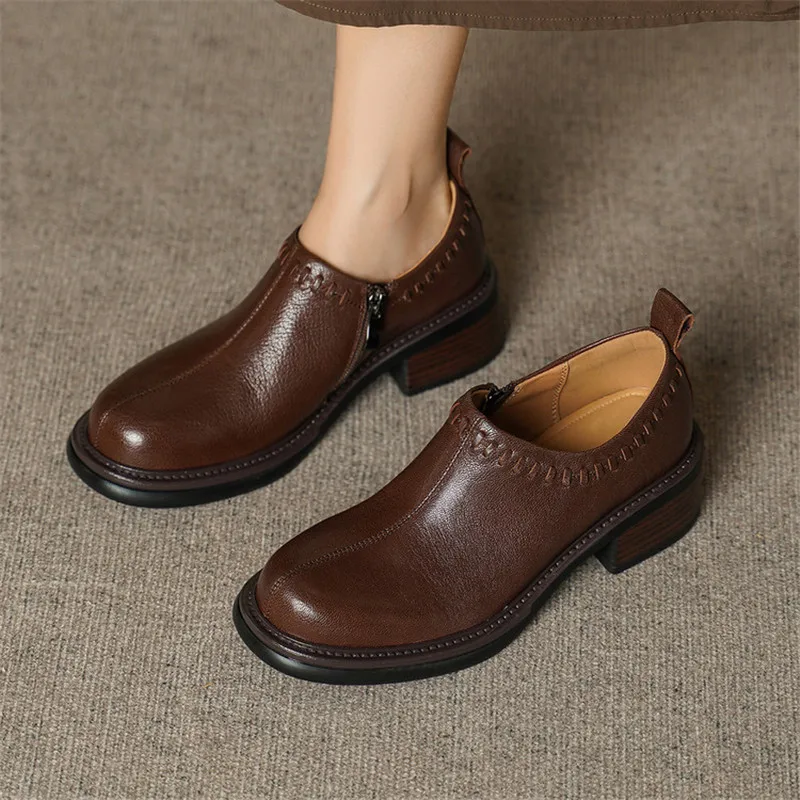 New Spring Autumn Genuine Leather Women Shoes Fashion Round Toe Shoes for Women Deep Mouth Side Zipper Women Pumps Handmade
