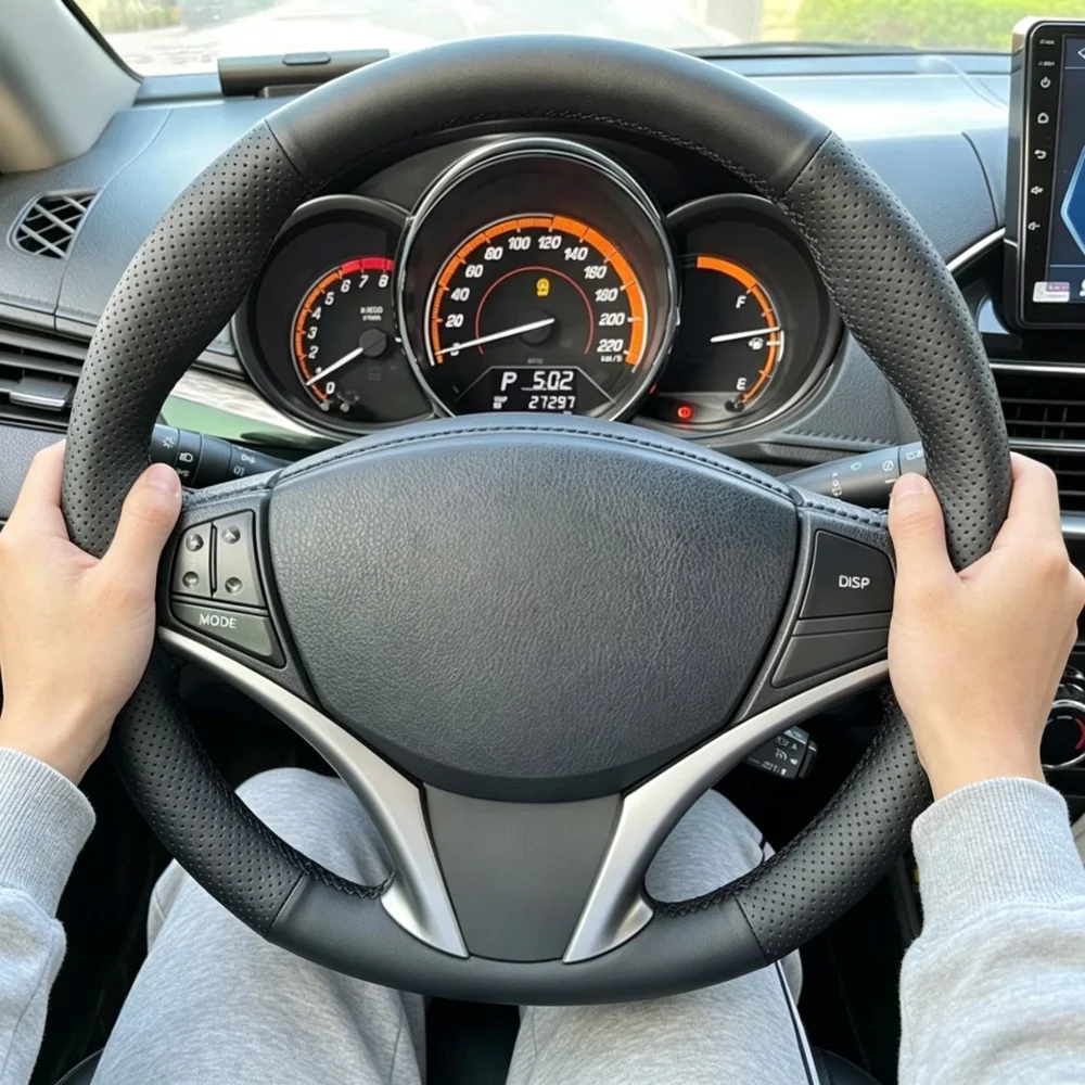 Auto Interior Accessories Hand Sewing Black Perforated Microfiber Leather 2014-2016 Steering Wheel Cover For Toyota Yaris Vios