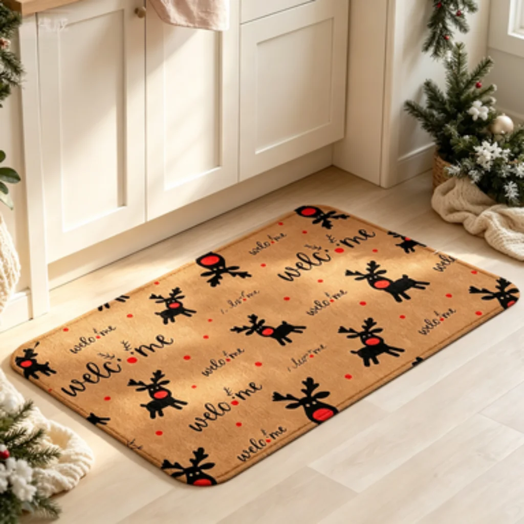 White Snowy Reindeer Snowman Christmas Mat, Brown Red Nose Reindeer Welcome Doormat, Allover Cartoon Gingerbread Man Rug.