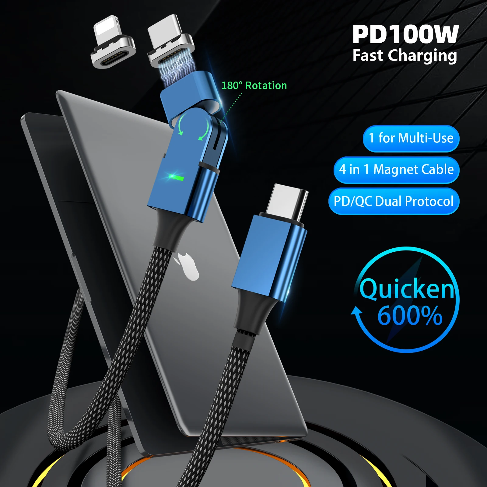 PD 100W Magnetic USB C to C/M/L Fast Charging Cable, 5A Rotating Zinc Alloy Nylon Braided for iPhone Samsung
