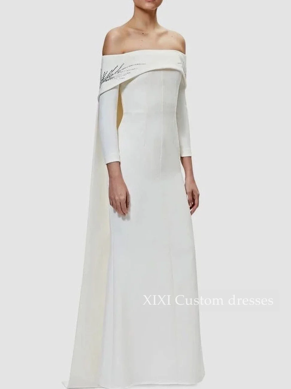 XIXI Customized Evening Dresses Column Off-The-Shoulder Neckline Prom Dresses Floor-Length Long Sleeves Lining Zipper Up Cocktai