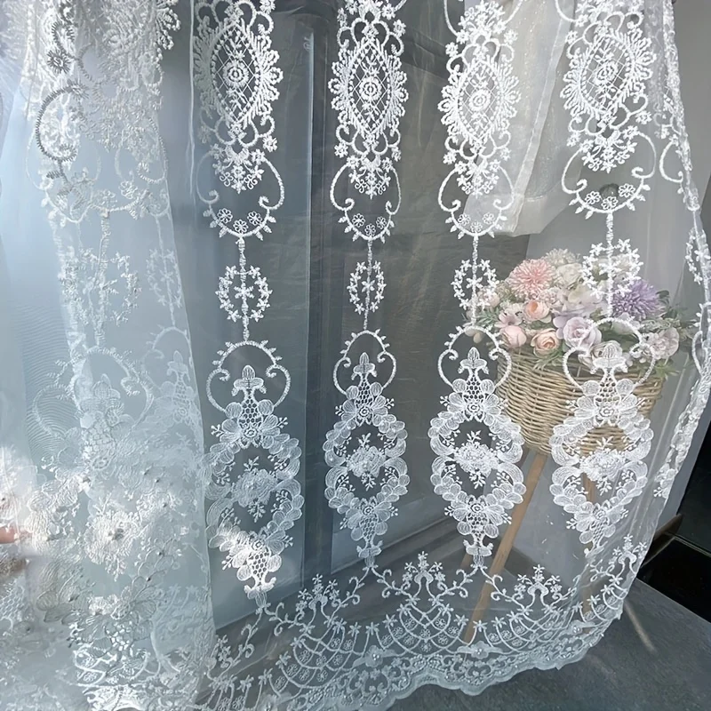 1pc Pearl Flower Embroidered Sheer Curtain, Living Room Bedroom Window Drapery, Luxurious Home Decor, Rod Pocket Design