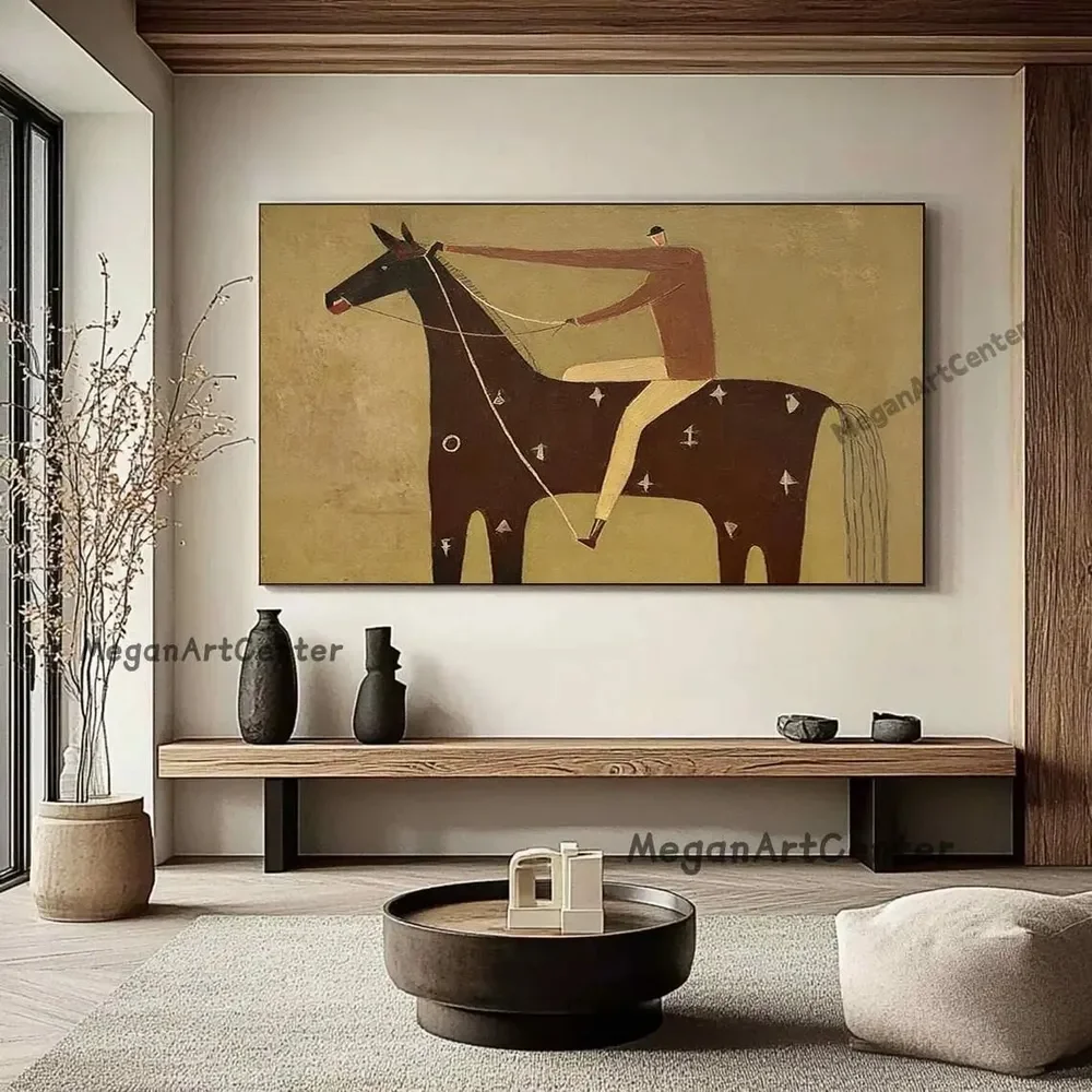 Abstract Western Horserider Handmade Brown Textured Canvas Wabi-Sabi Art Modern Rustic Decor for Western Lodge