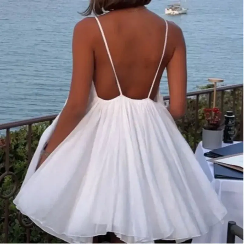 Robe courte de printemps pour femmes, Style couleur unie, col en v, dos nu, bretelles amples, 2025