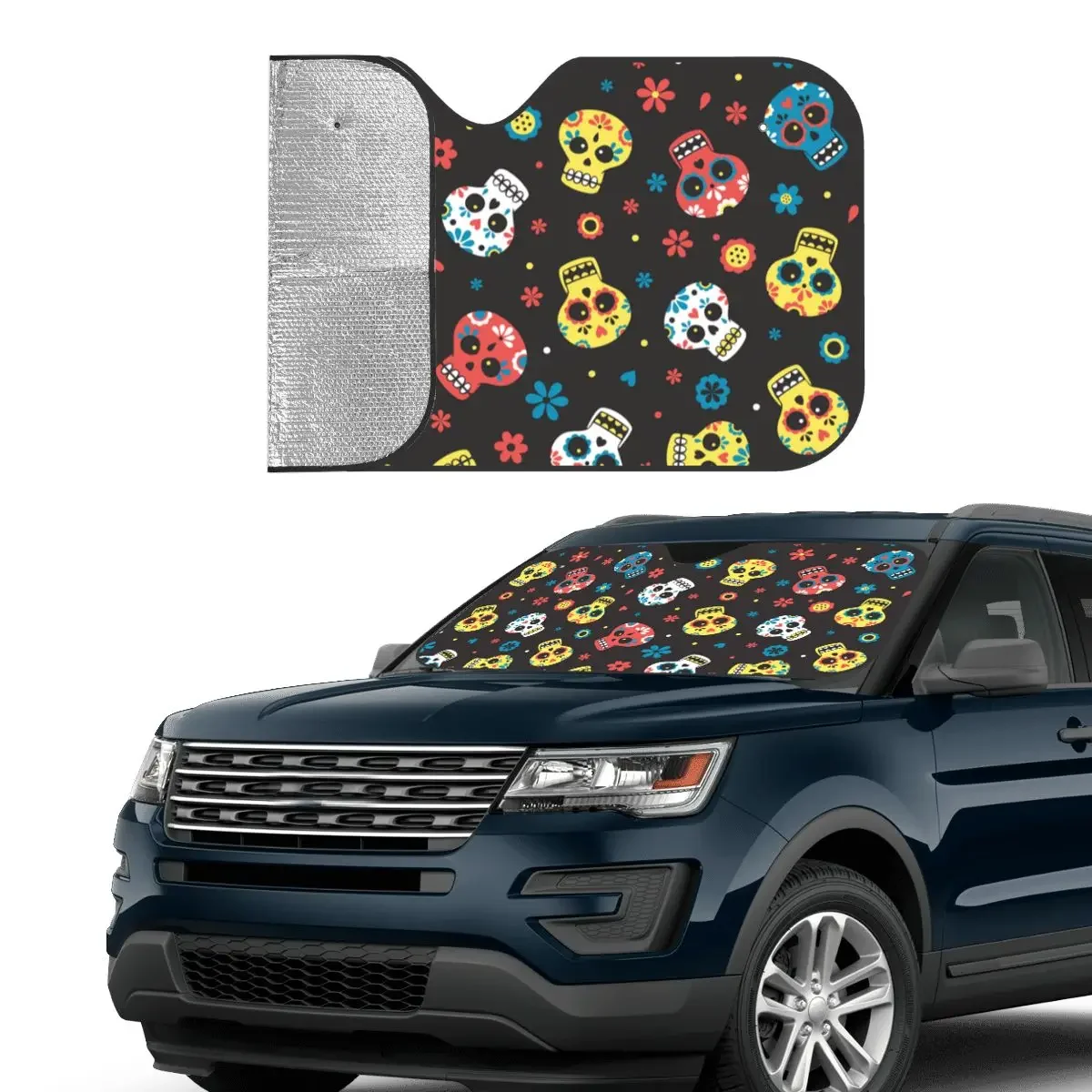 Sugar Skull Mexican Fold-up Windshield Sunshade Day of the Dead Horror Halloween Foil Sunshade Visor Front Window Cover