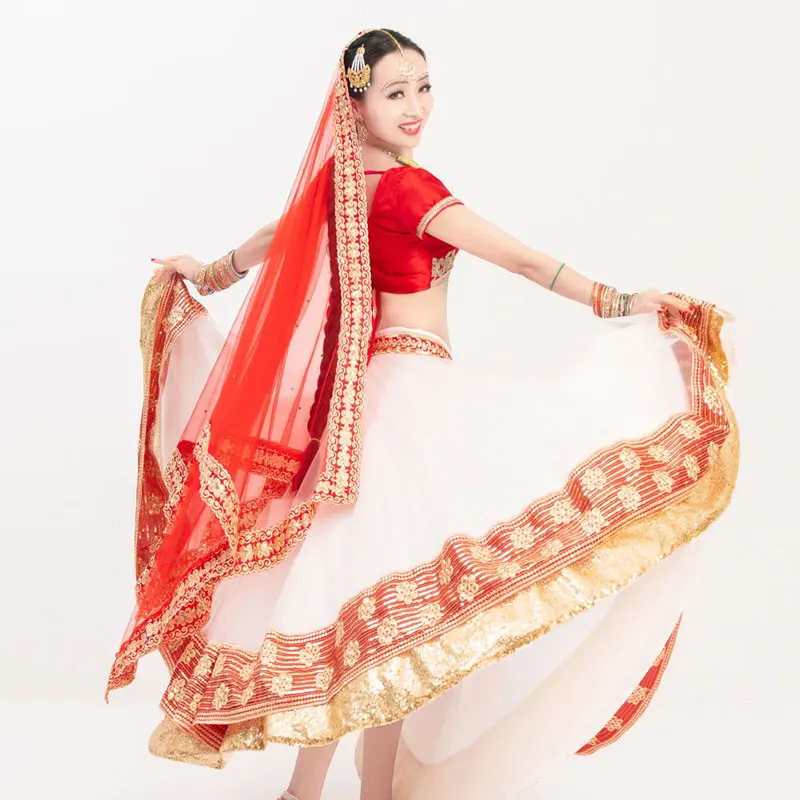 Indian Dance Costumes Bollywood Dance Red Tops Scarf White Skirt Modern Belly Dance 3PCS Oriental Dance Stage Saree Suit DQL7758