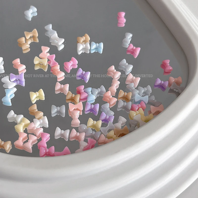 50pcs Nail Art Decor Accessories Candy Color Bow Nail Art Parts Charms Mini Resin Ribbon Nail Rhinestones DIY Summer