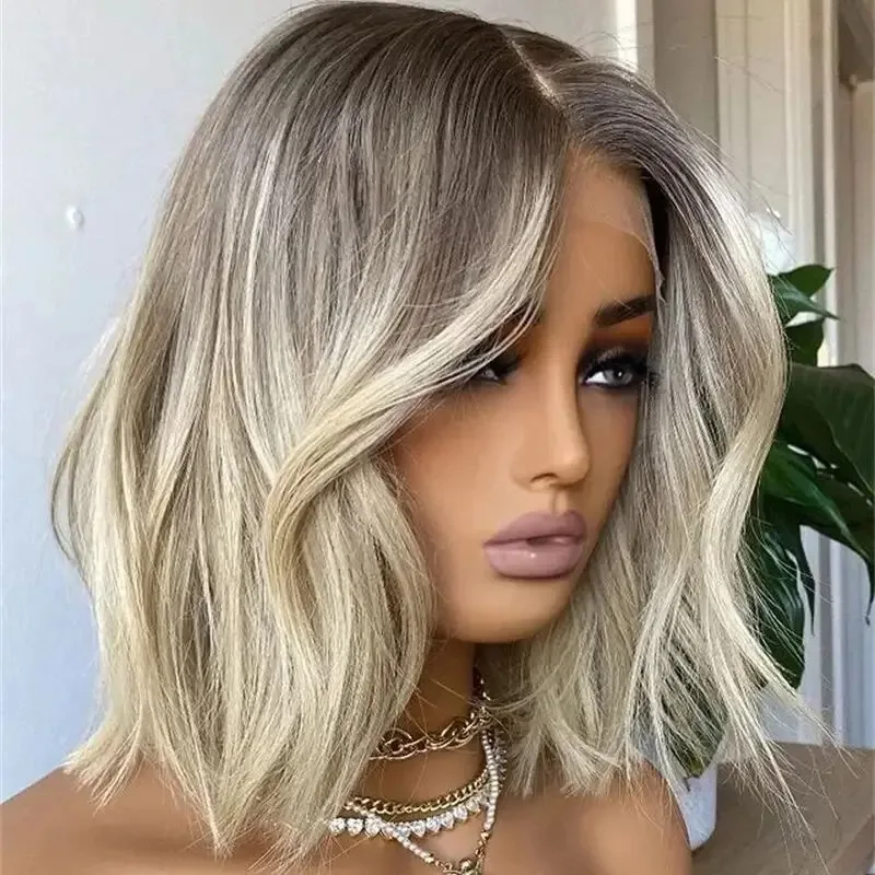 

Short Wigs Ash Blonde Highlights 13X4 Synthetic Lace Frontal Wig Glueless Balayage BobStraight Heat Resistant Wigs For Women