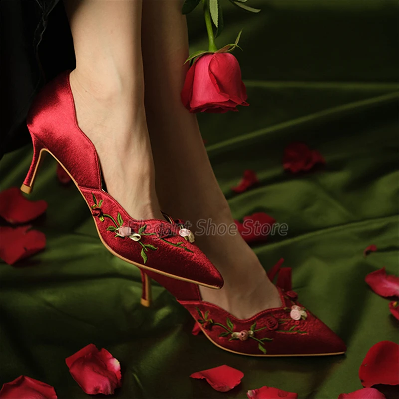 Retro Embroidered Red High Heels for Women Sexy Satin Rose Vine Pointed Toe Thin Heel Pumps Banquet Stiletto Wedding Dress Shoes